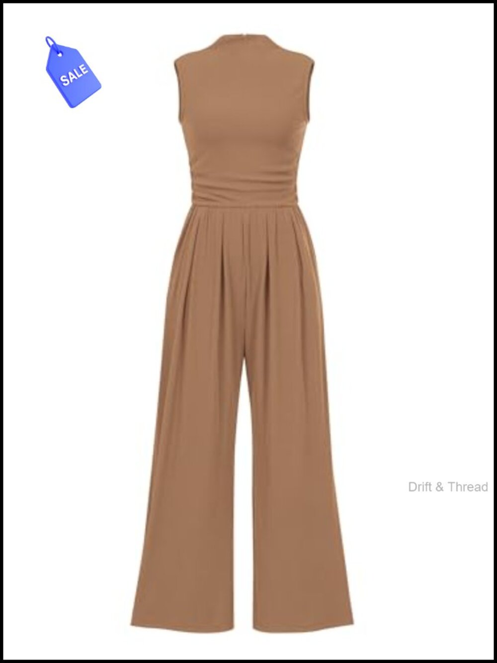 Ribbed Knit Sleeveless Wide Leg Jumpsuit with Pockets Mock Neck